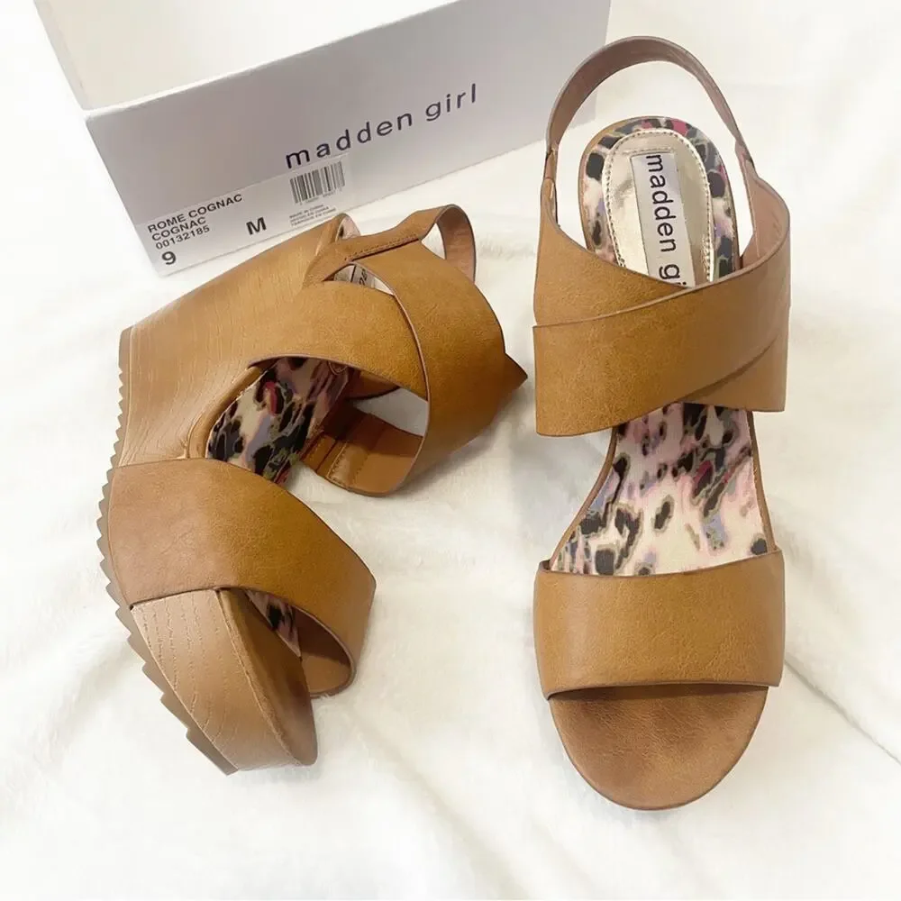 MADDEN GIRL ROME wedge sandal OPEN TOE CASUAL PLATFORM COGNAC size 9 with box